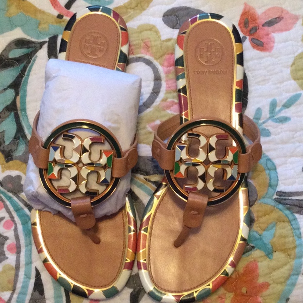 Tory Burch Miller Enamel Sandals in a rainbow color pattern size 7.5